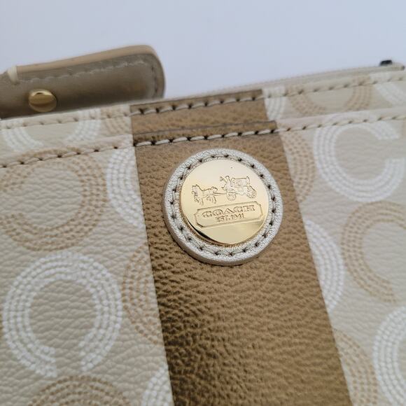 COACH Skinny Key Ring Card Case Small Wallet Gold Beige Leather Zip Signature - Picture 6 of 7